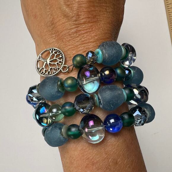 Handmade Beaded Coil Bracelet Sea Glass Blue Green Glass Beads Tree Charms - Picture 3 of 5